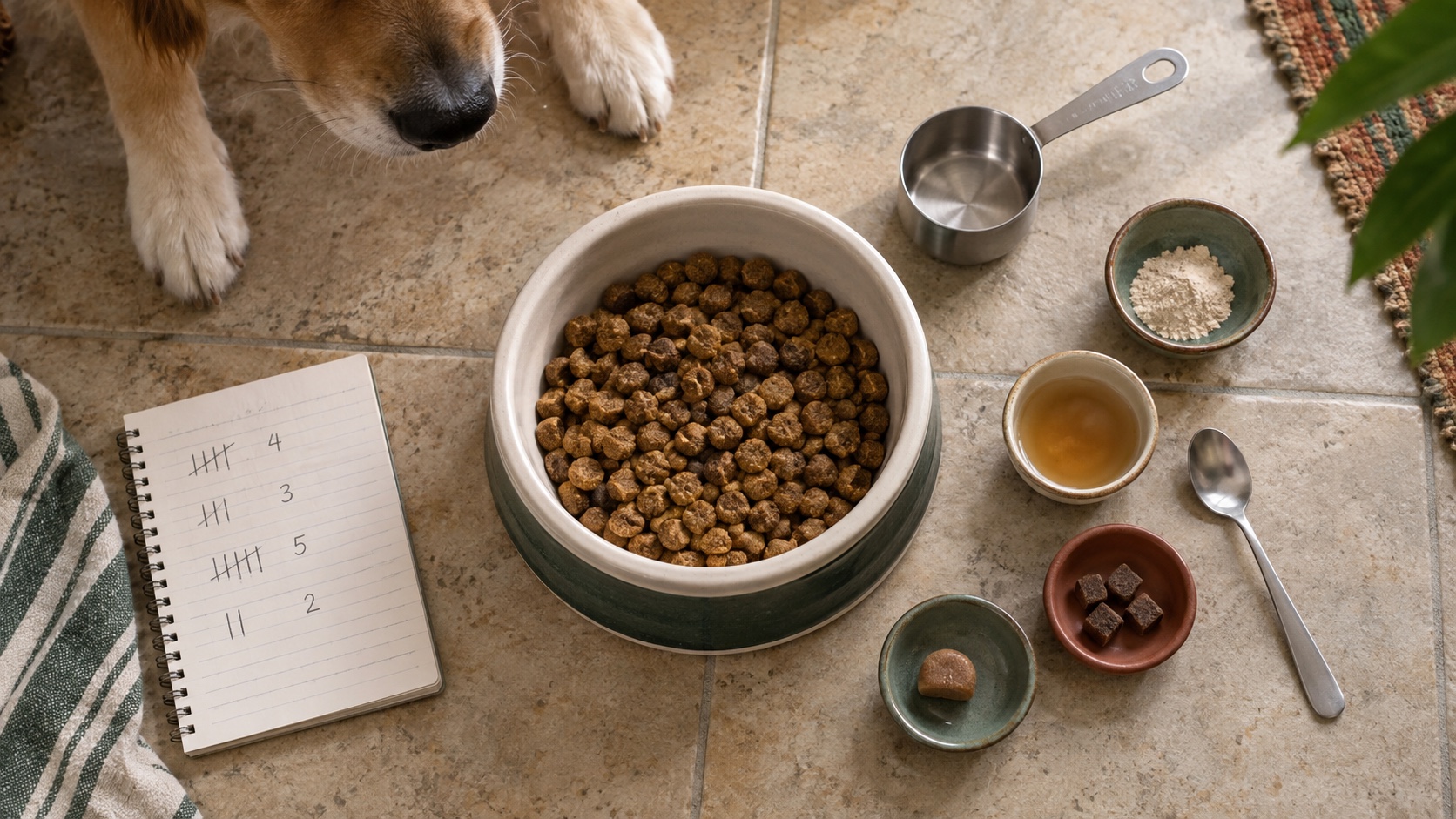 Measured dog food, topper portions, treats, and a feeding tally arranged beside a dog's bowl